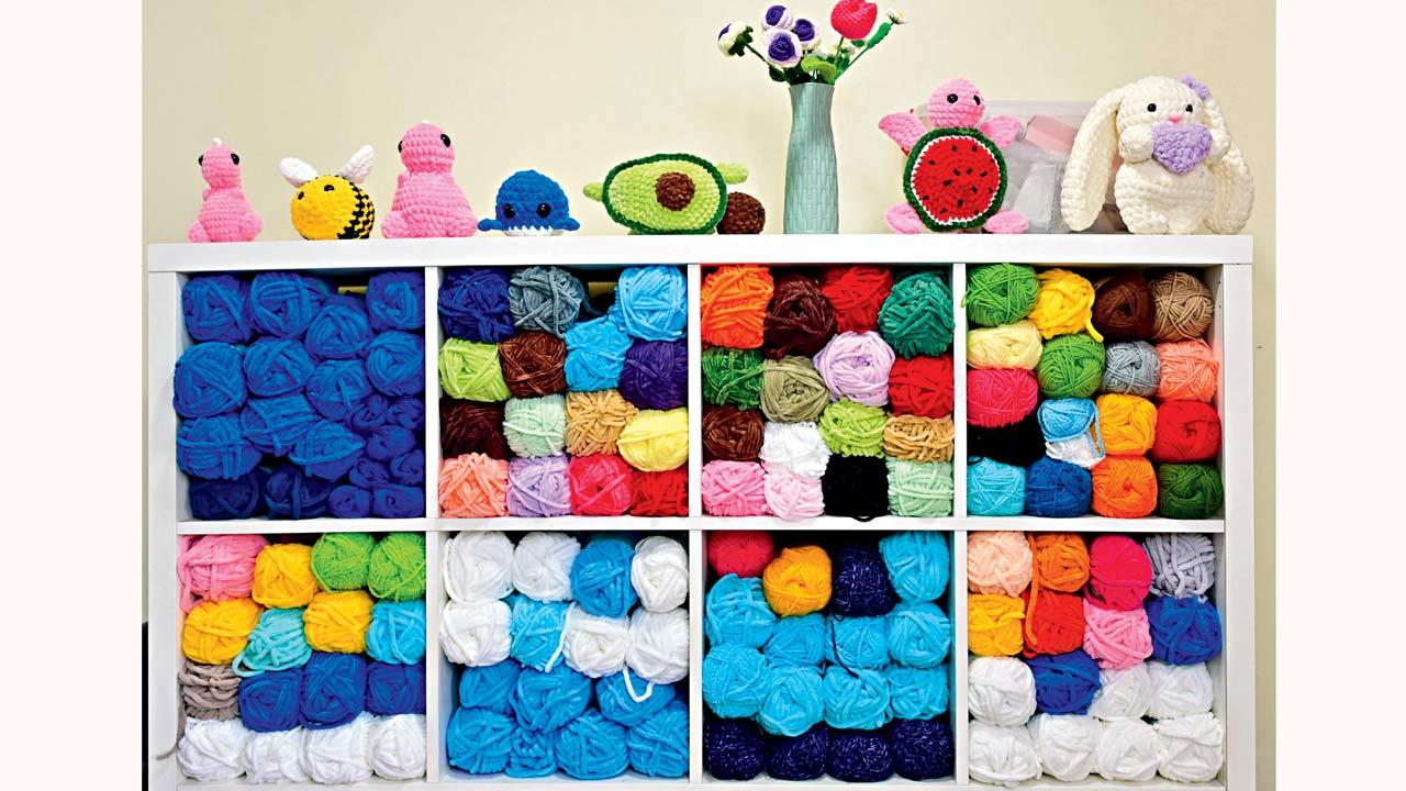  A shelf full of yarn at Kunal Chaurasia’s Bhandup West residence, from where he runs a small business selling items made with crochet. Pics/Shadab Khan