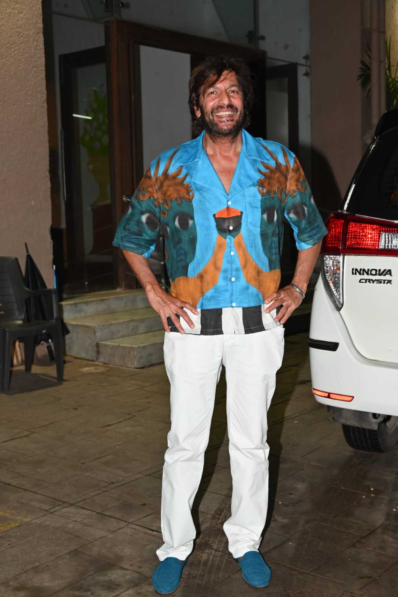 Chunky Panday attended the intimate party wearing a printed blue shirt paired with white pants
