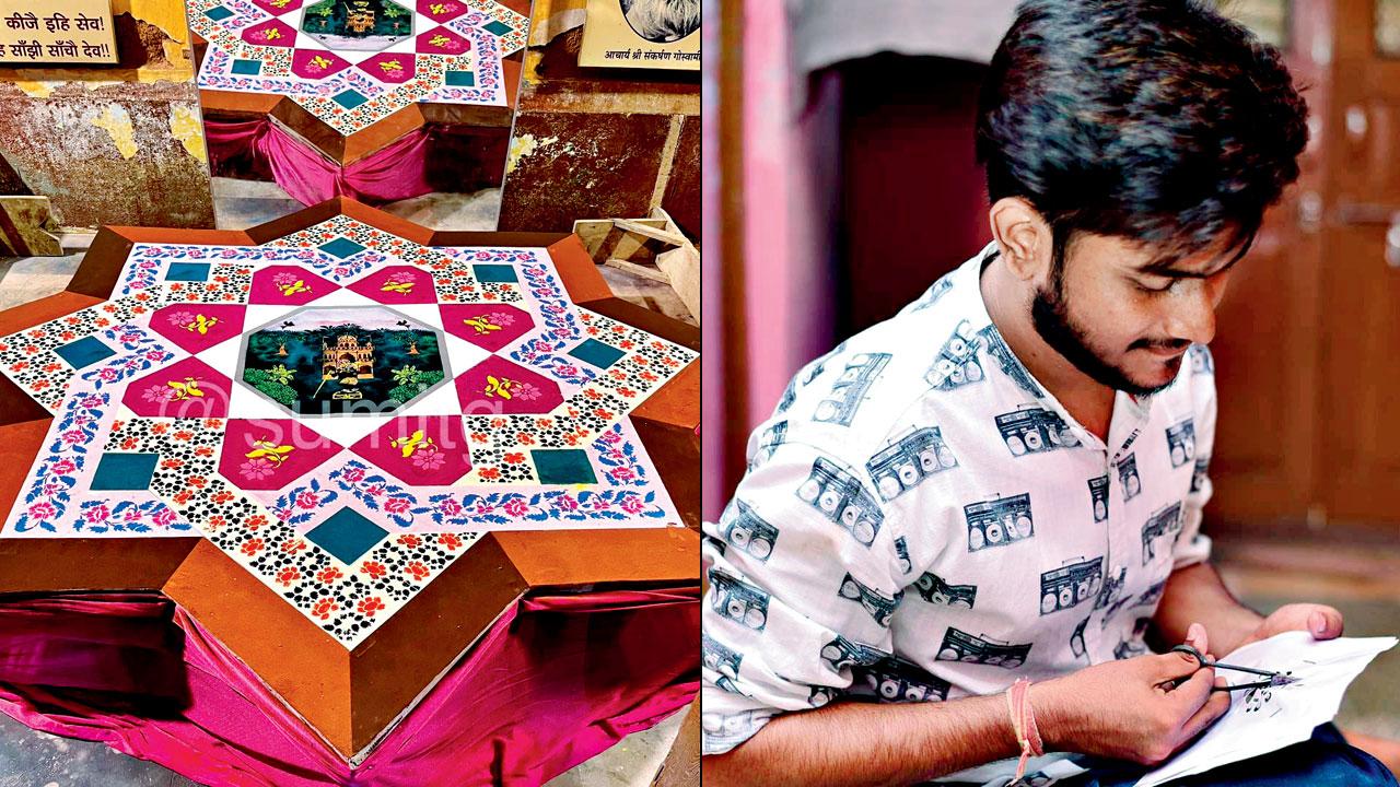A Vedhi Sanjhi; (right) Ashutosh Verma cuts out a Sanjhi stencil