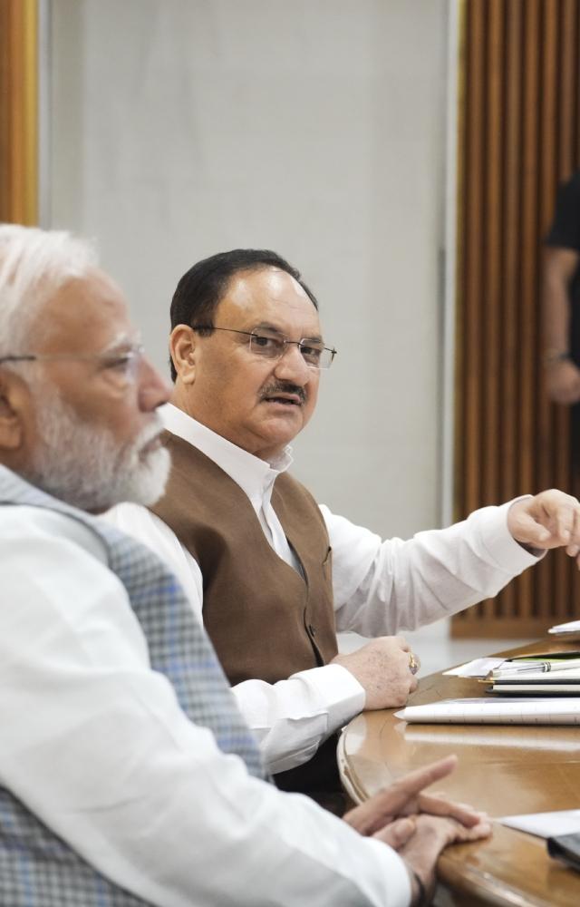 Dharmendra Pradhan, who is also party in-charge for elections in Haryana, and Manohar Lal Khattar and Haryana Chief Minister Nayab Singh Saini were also present