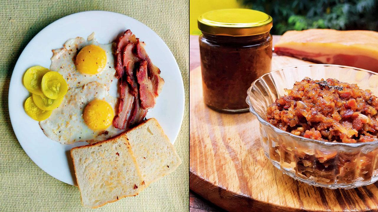 Bacon strips with eggs and toast (right) bacon jam