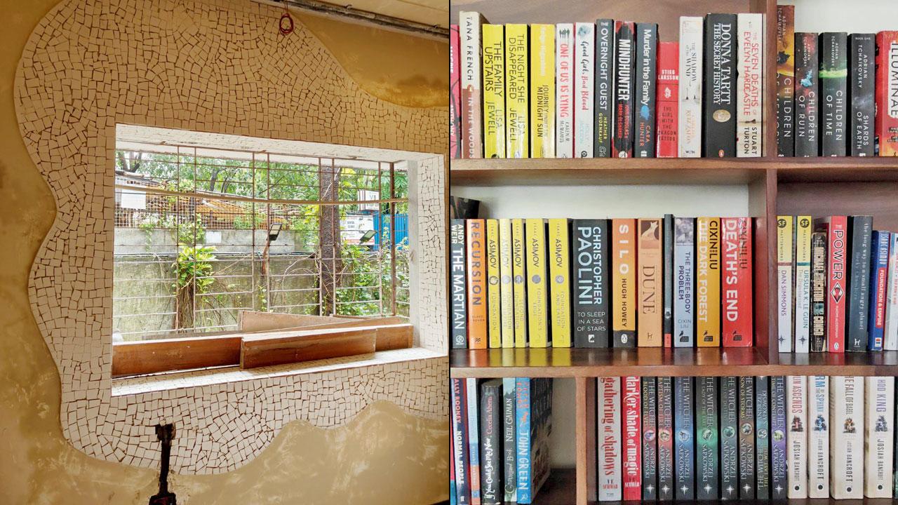 A cosy corner awaits final touches at the new space (right) a shelf of books that will make their way to the store