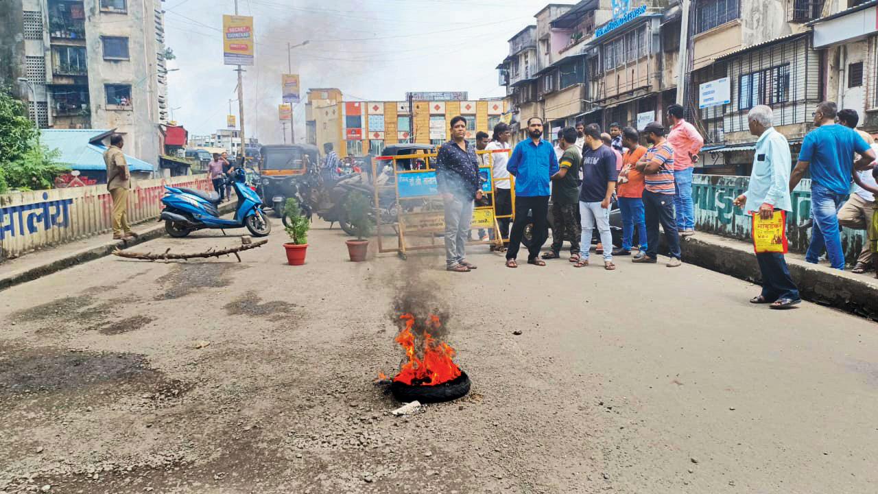 A tyre burnt by the protesters