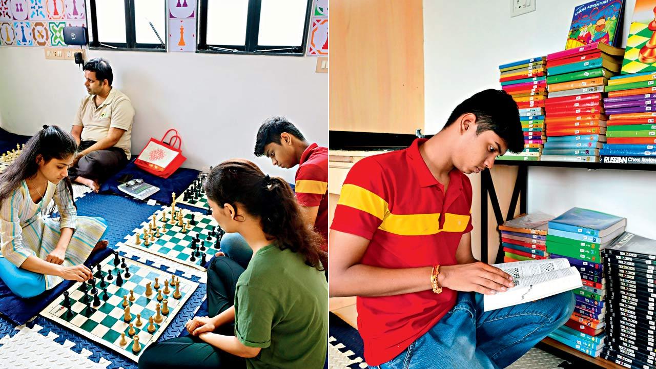 Youngsters play chess at the venue; (right) A boy browses through the collection of Informators