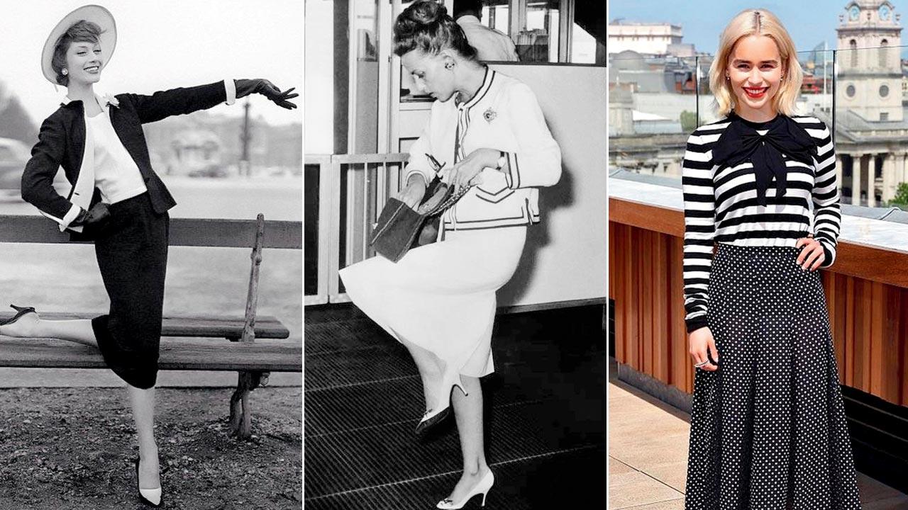 An example of the label’s collarless jacket and fitted skirt; Jeanne Moreau in a 1965 Chanel suit. Pics Courtesy/Instagram;  Emilia Clarke in sailor stripes