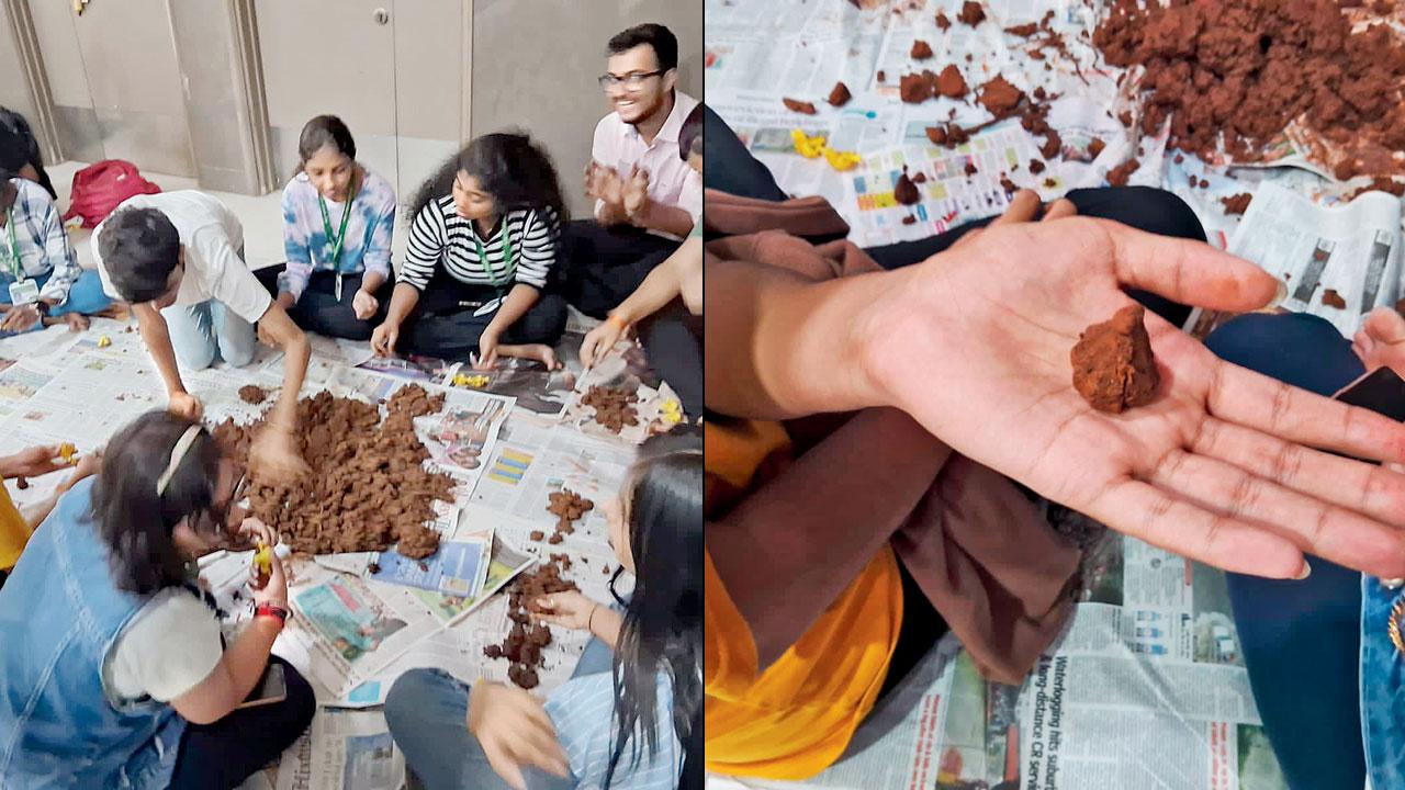 Participants make (right) green modaks at the workshop