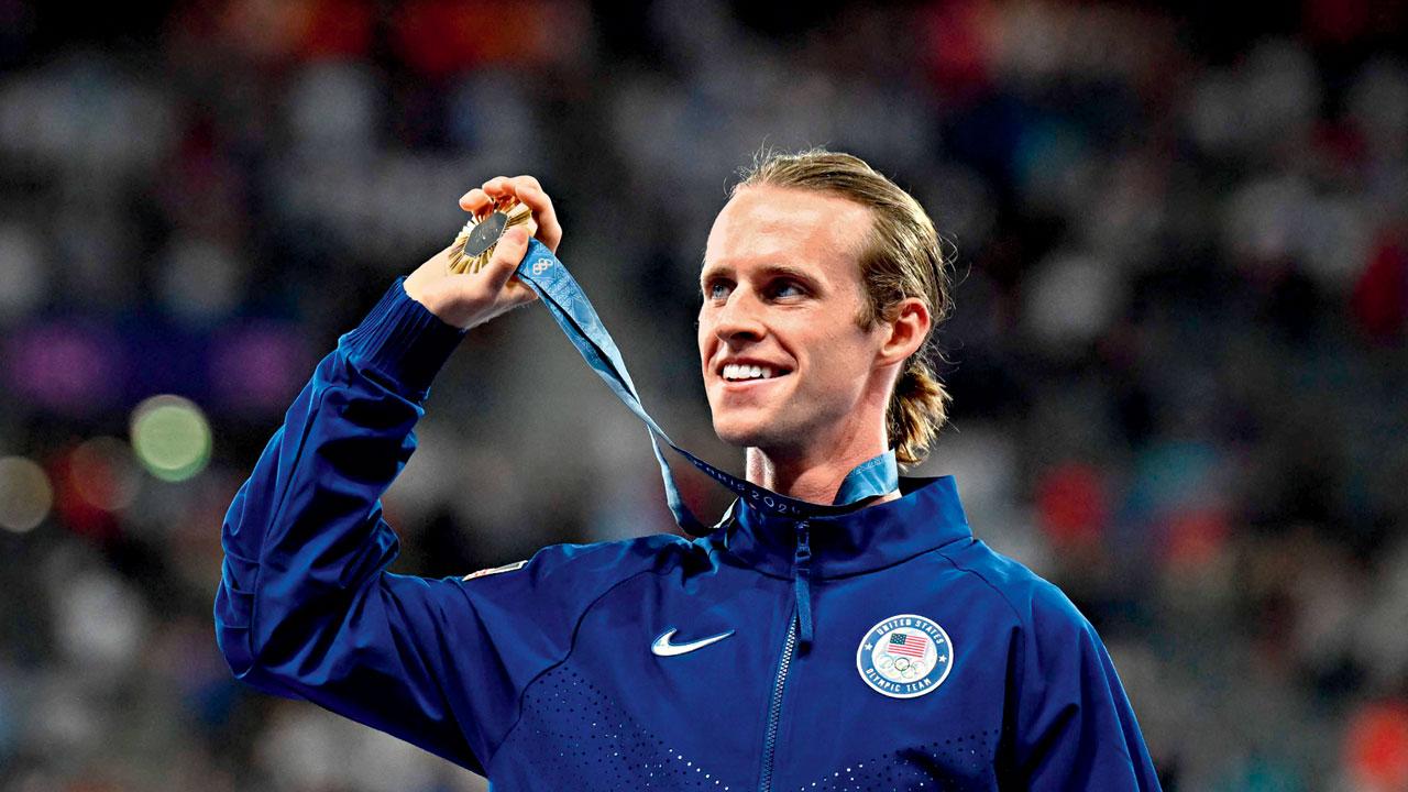 USA’s Cole Hocker celebrates with his 1,500 metre gold medal in Paris on Tuesday. PIC/AFP