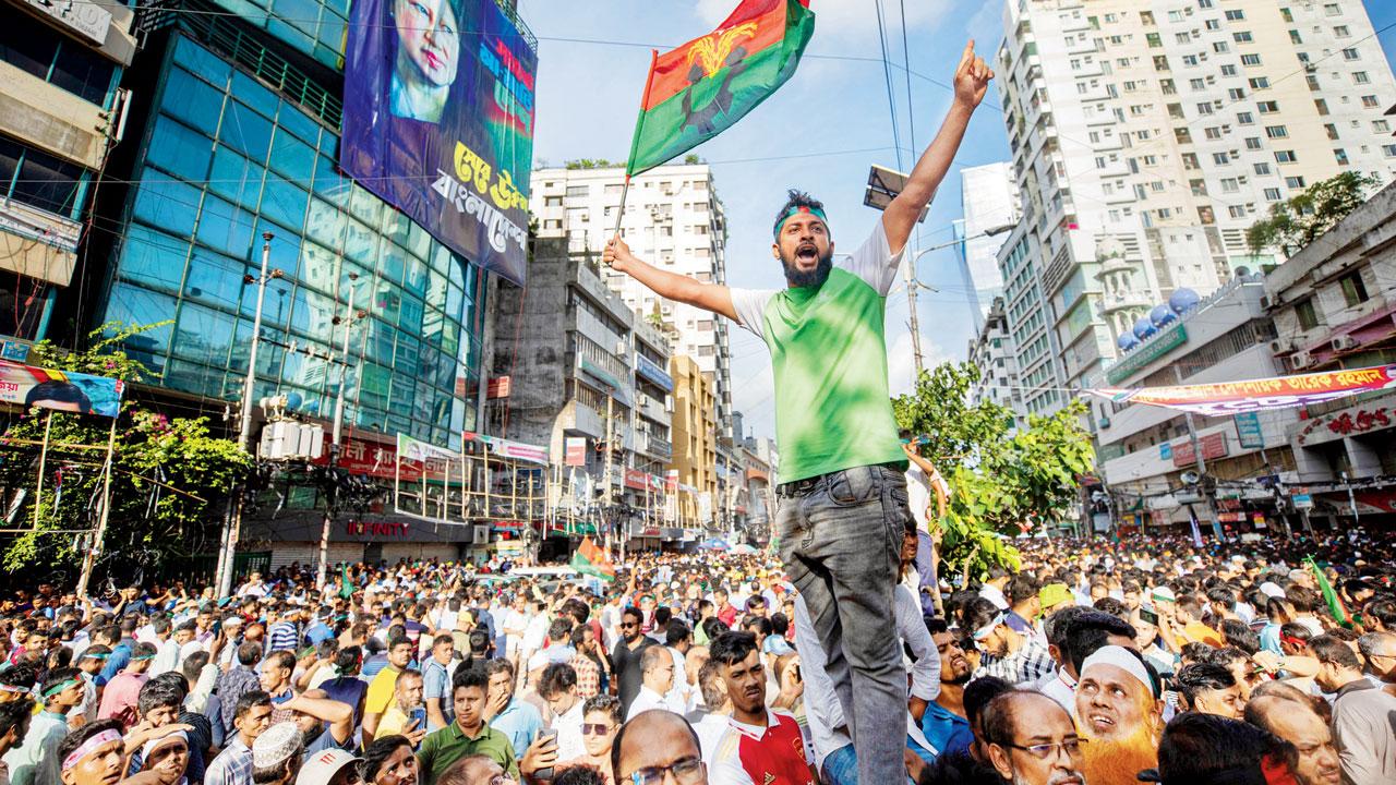 Crowds in front of the BNP HQ on Wednesday. Pic/AFP