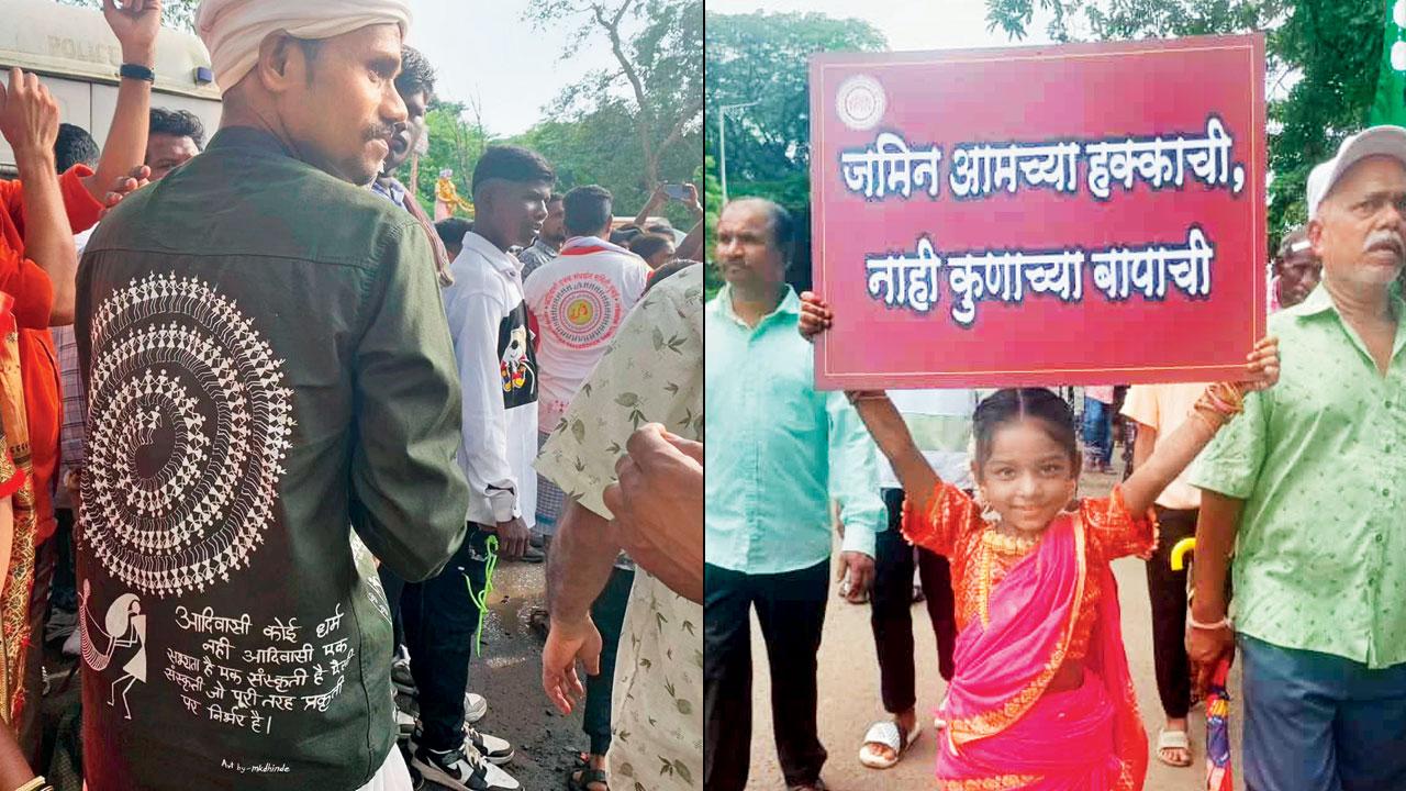 A member of the rally sports a shirt adorned with Warli art