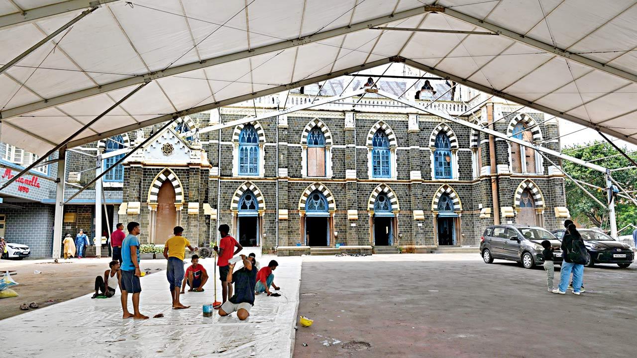 Preparations are in full swing at the Basilica of Our Lady of the Mount ahead of the 300-year-old Bandra fair on Sunday. Pic/Anurag Ahire