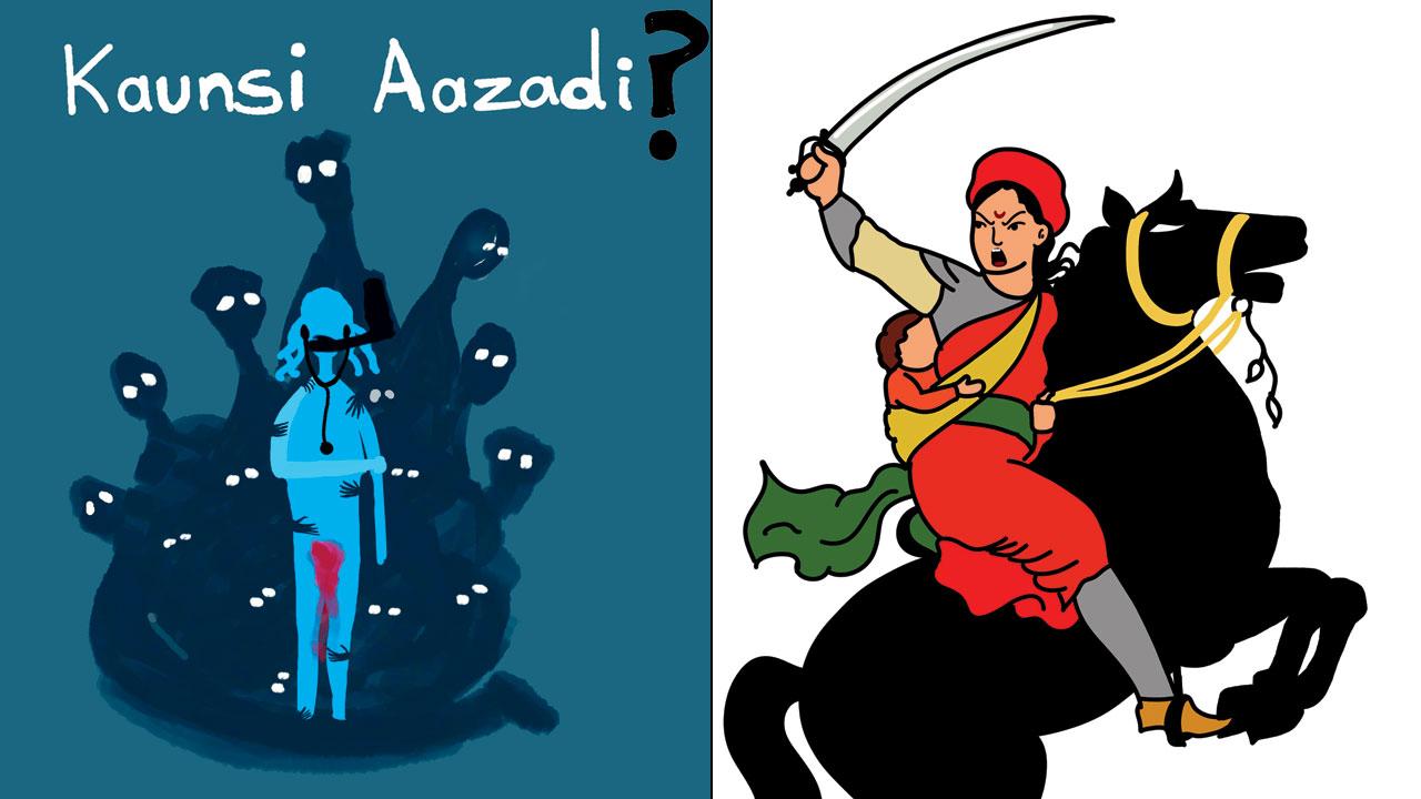 An illustration in the carousel questions women’s freedom in India (left) the zoom art features Rani Lakshmibai. ILLUSTRATIONS/@bhasmewords