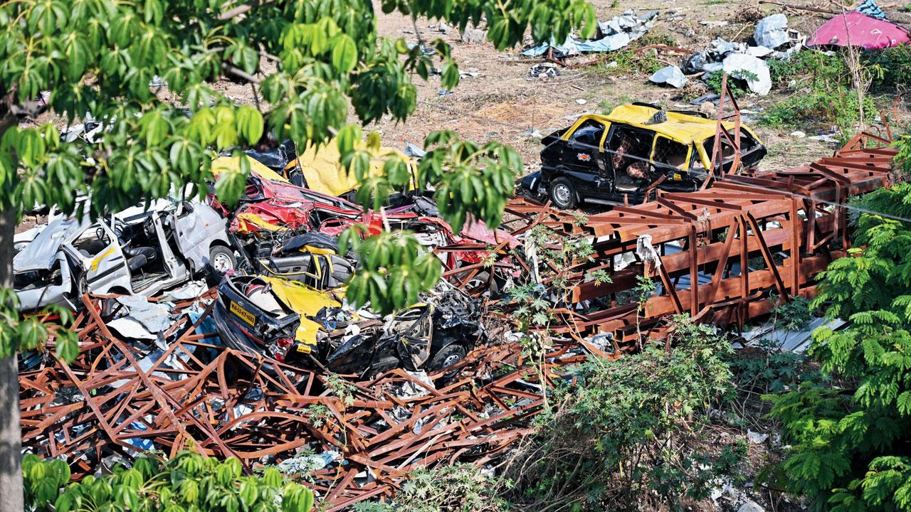 The remains of the hoarding that collapsed onto a petrol pump in Ghatkopar East a month after the catastrophe. Pic/Sayyed Sameer Abedi