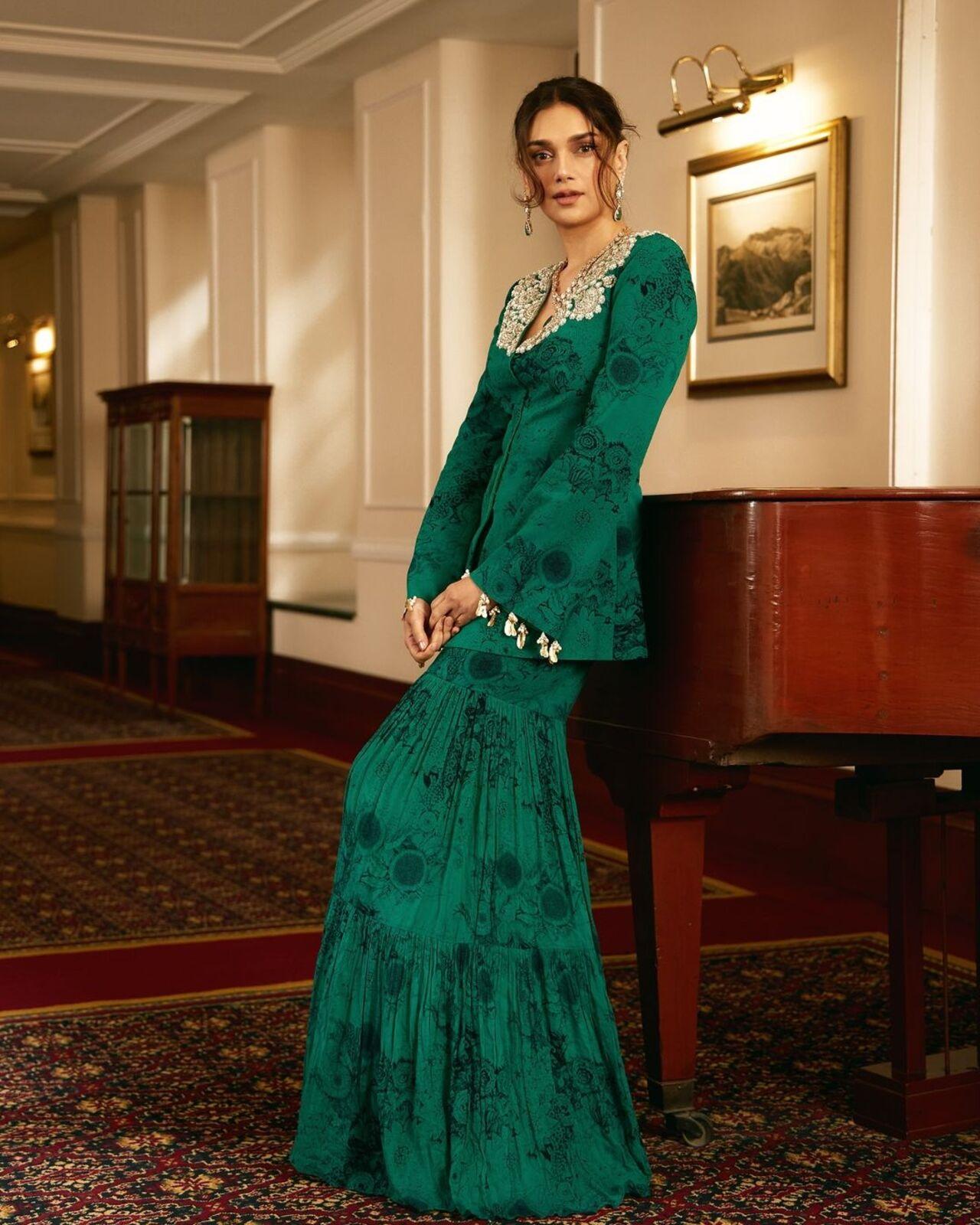 Aditi Rao Hydari is the epitome of grace. If you are looking for an Indo-western green outfit for Hariyali Teej, your search ends here