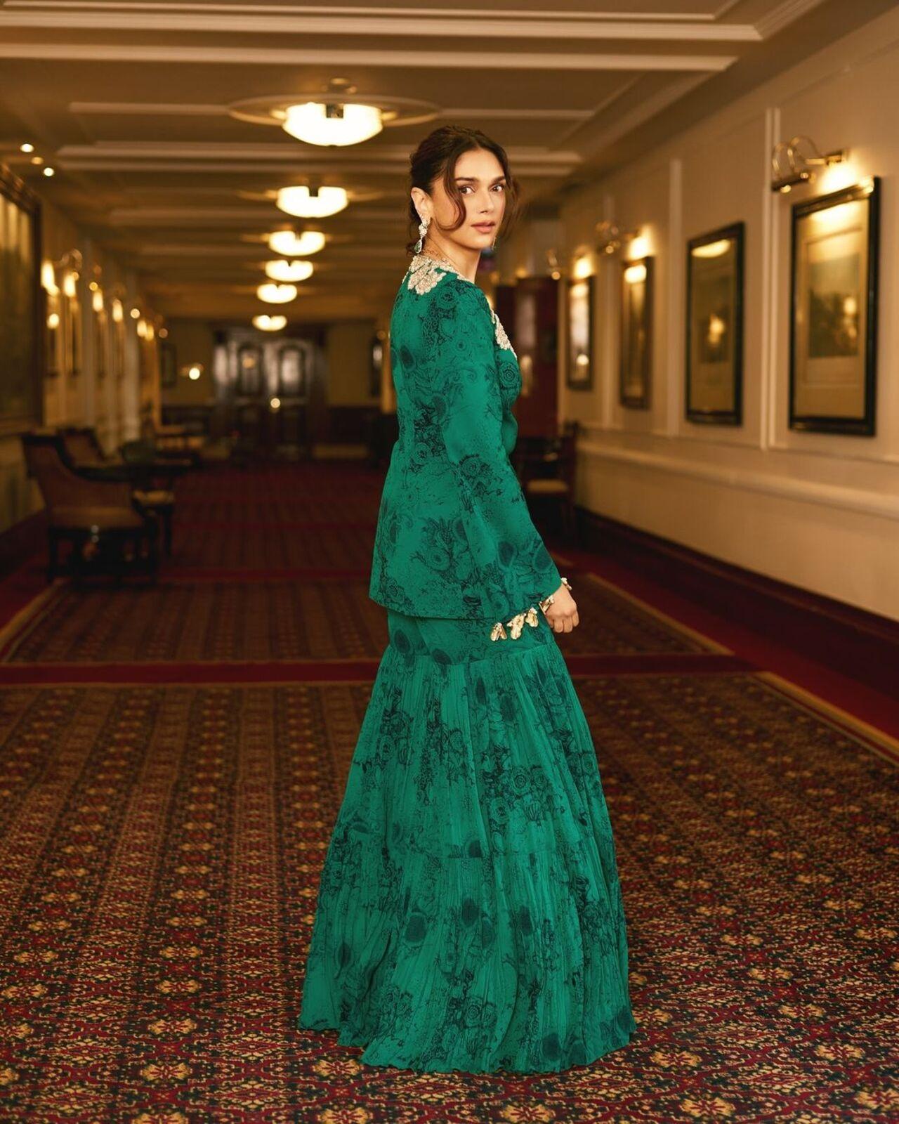 In this look, the actress wore a green sharara and paired it with a matching blazer with golden embroidery