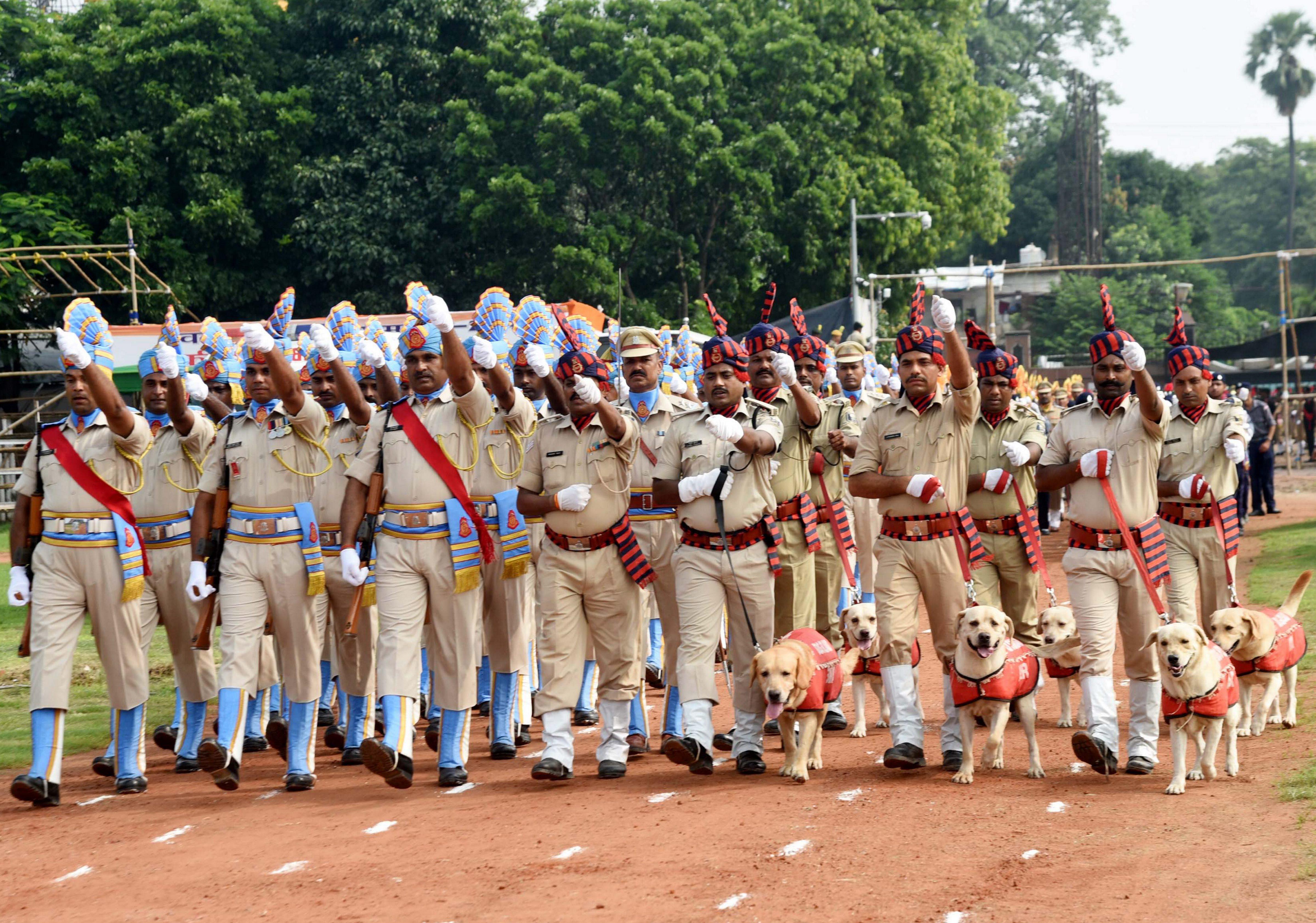 Police dog squad marches during dress rehearsal for the 78th Independence Day celebrations, at Manekshaw Parade Ground, in Bengaluru, on Tuesday