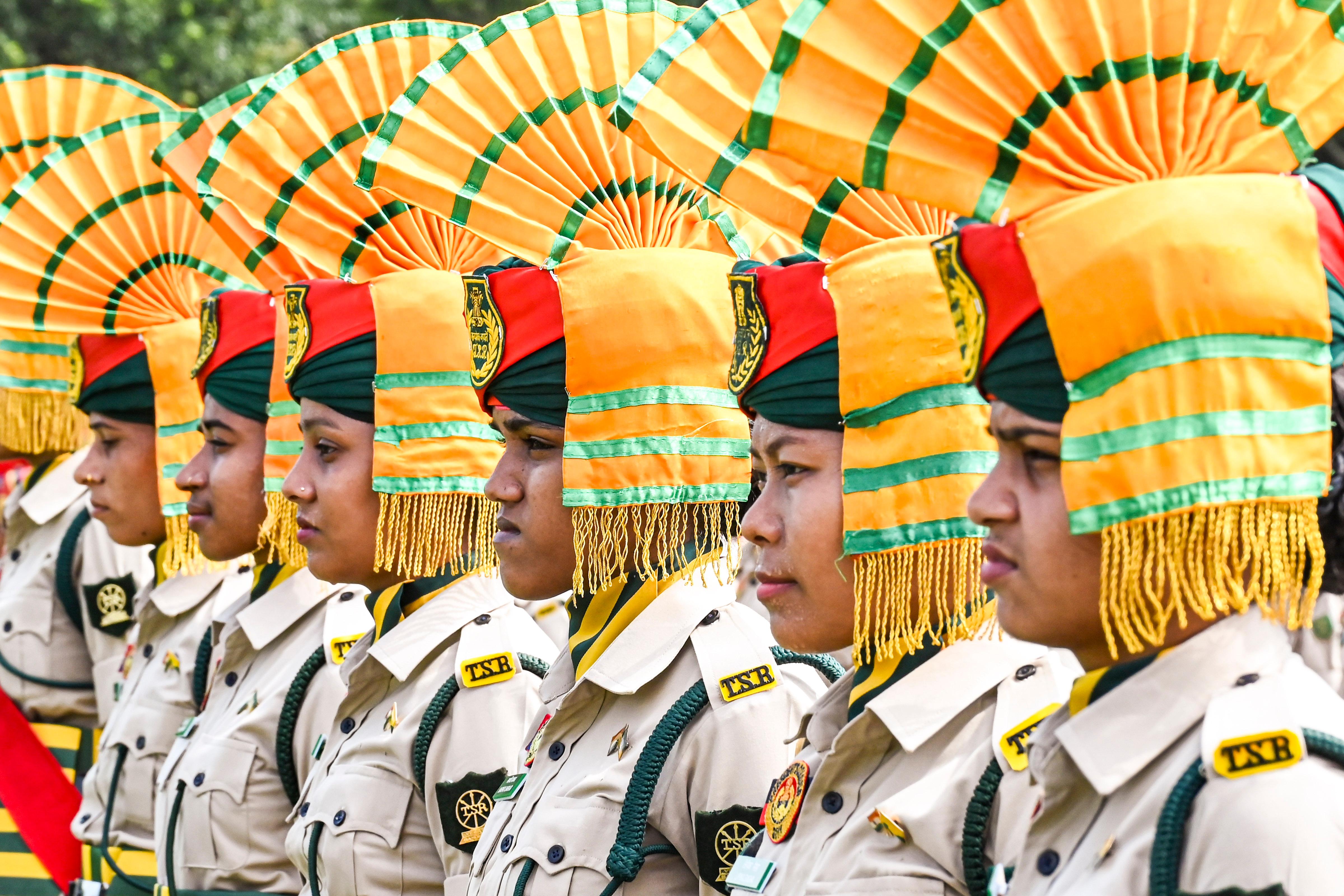 Women security personnel during full dress rehearsal for Independence Day celebrations, in Agartala, on Tuesday  