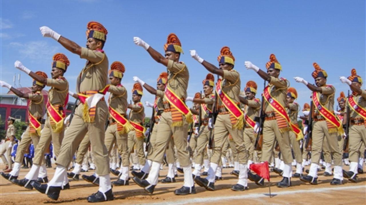 During the rehearsal, school students were seen marching in preparation for the 78th Independence Day celebrations.