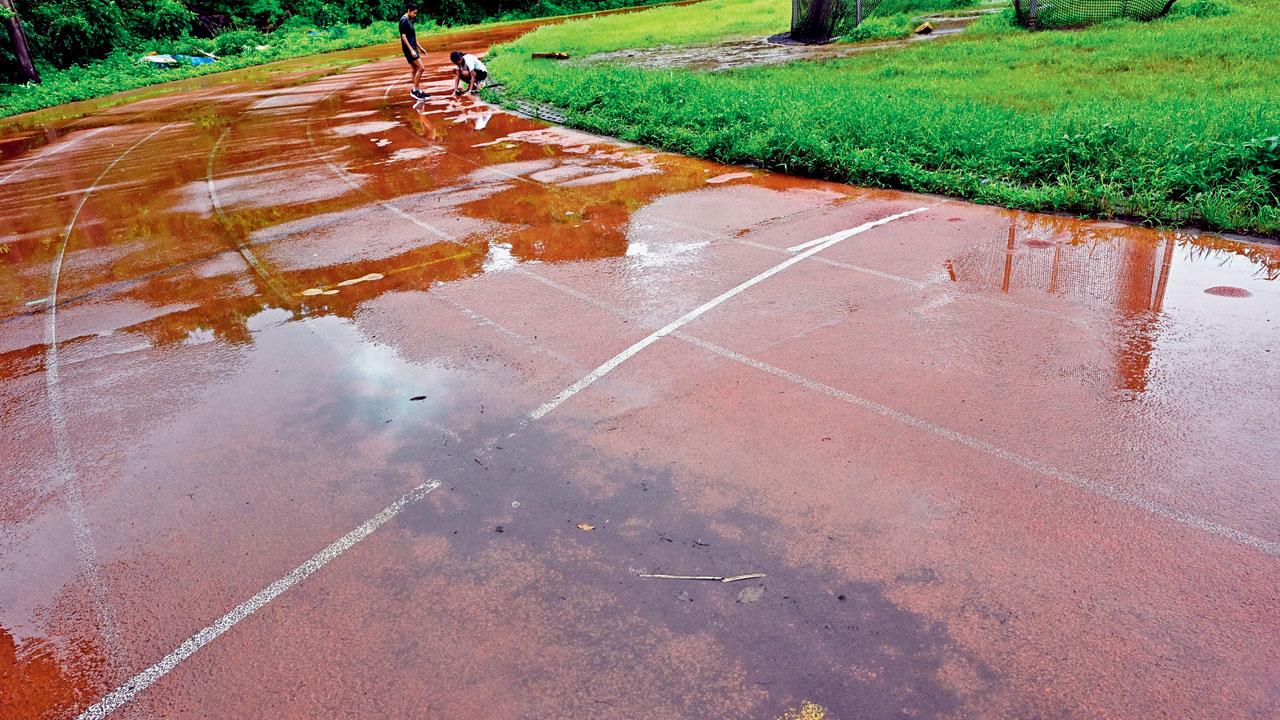 The algae-infested slippery athletics track has holes