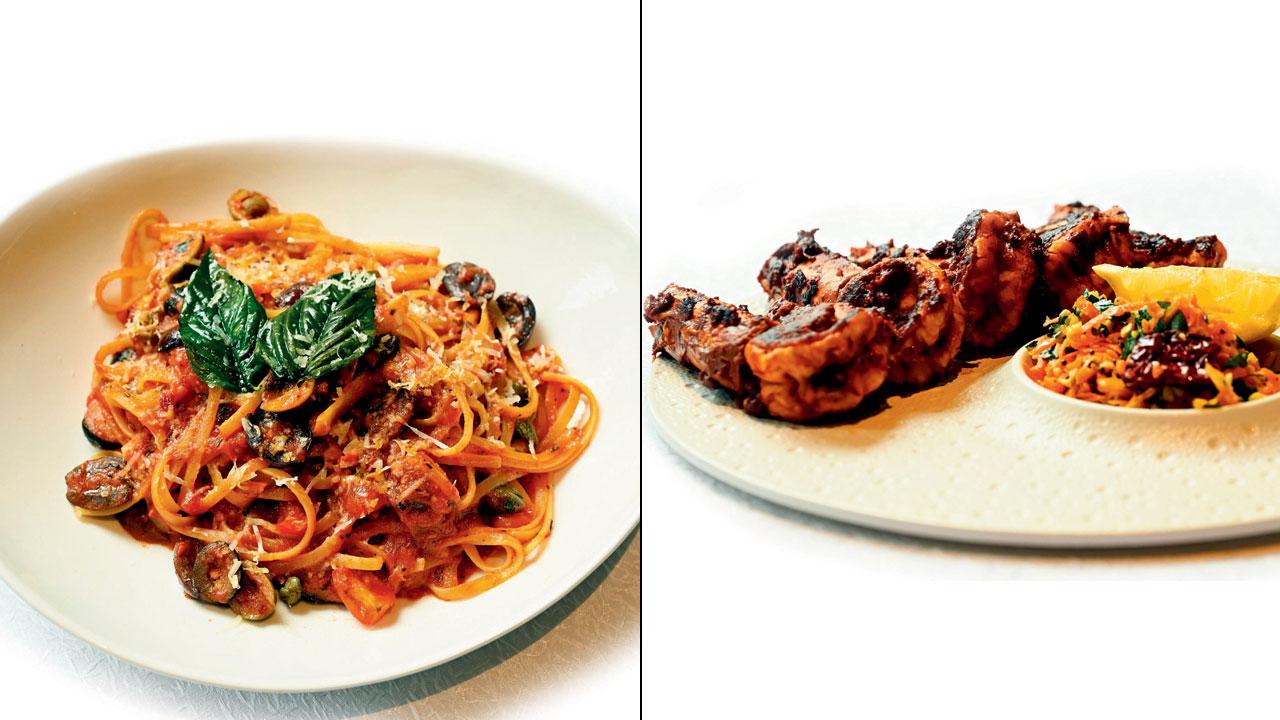 Linguine Puttanesca and Goan Grilled Prawns