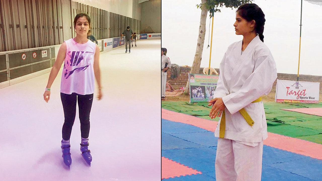 Manu Bhaker in skating mode (right) Manu Bhaker practising martial arts. Pics/Manu Bhaker Family collection