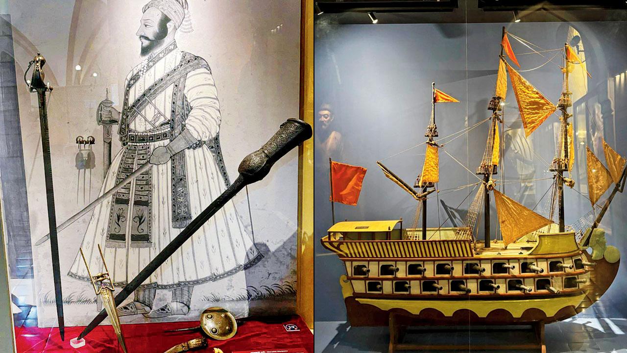 Weapons are displayed against the backdrop of Shivaji Maharaj’s portrait (right) A miniature of a Maratha navy boat. Pics/Kanisha Softa
