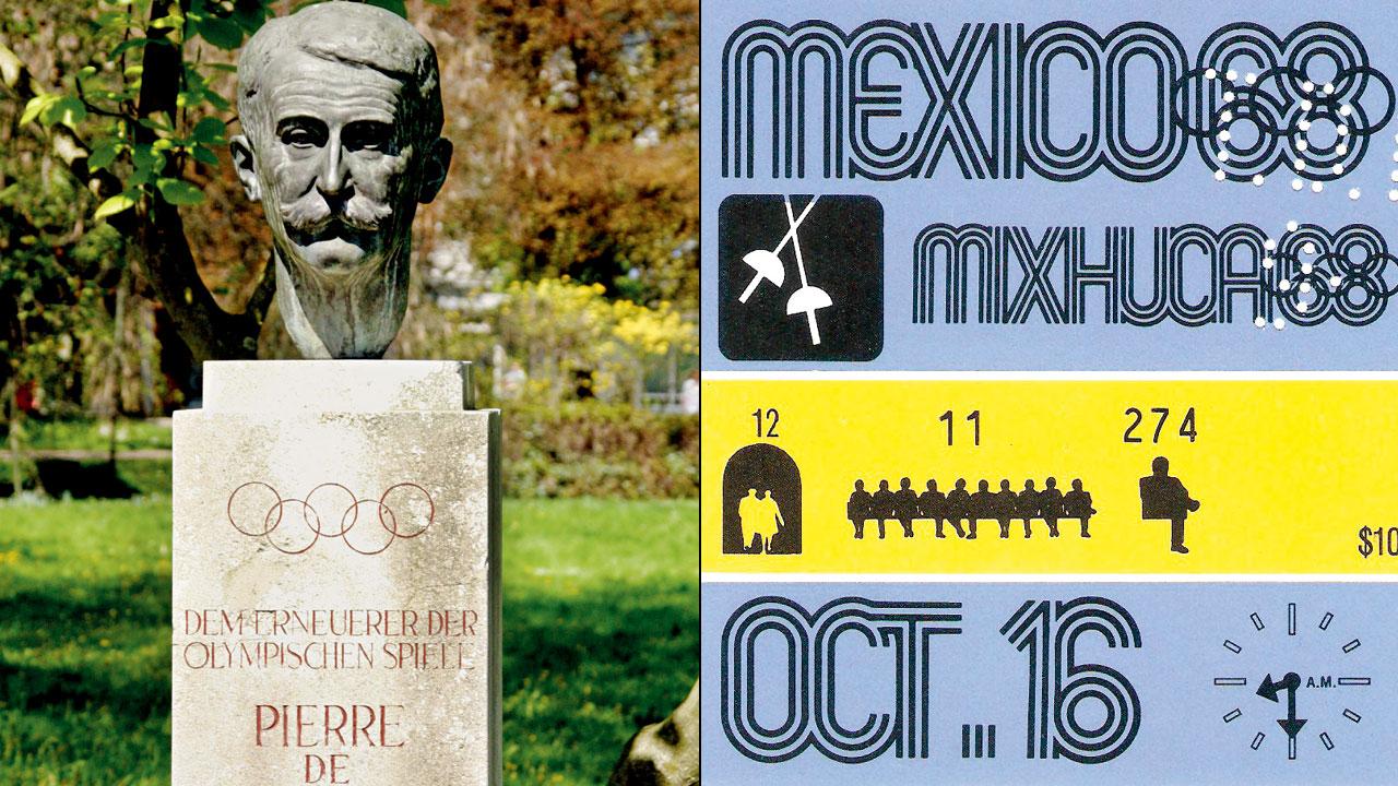 A ticket from the 1968 Olympics (left) a bust of Pierre de Coubertin, the father of modern Olympics. PICS COURTESY/WIKIMEDIA COMMONS