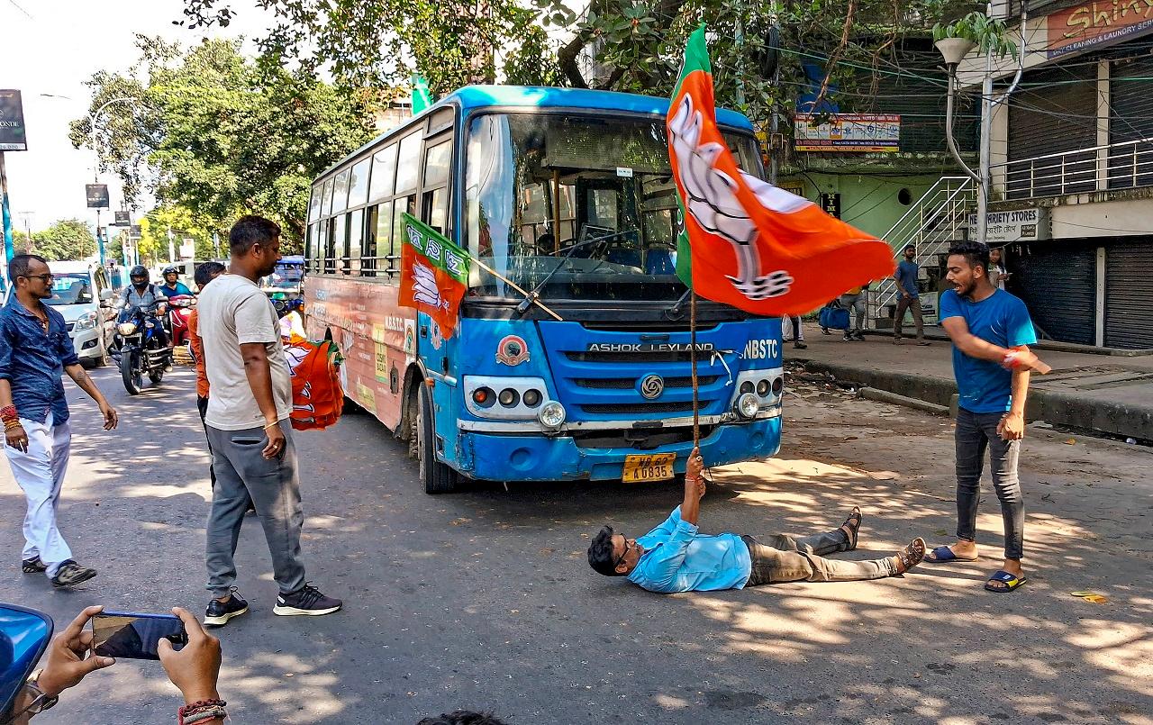 Leader of the Opposition Suvendu Adhikari led a protest march in Nandigram in Purba Medinipur, his home district