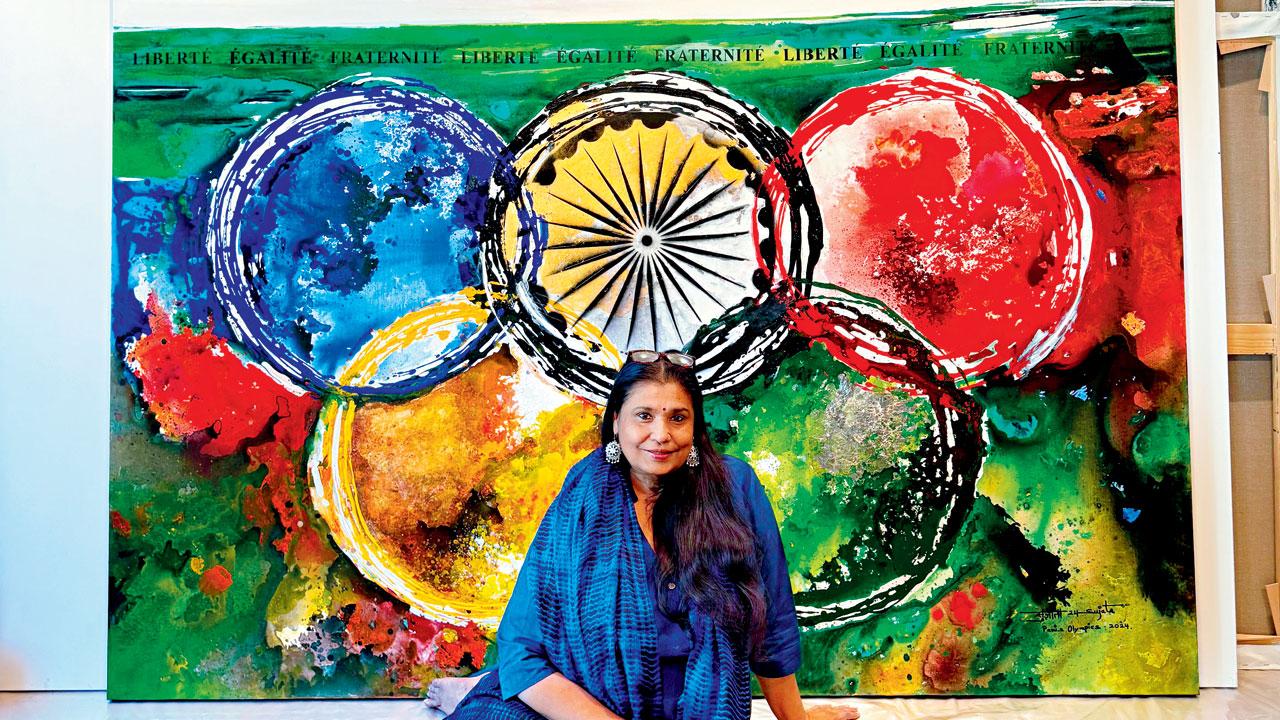 Sujata Bajaj with her artwork in Paris