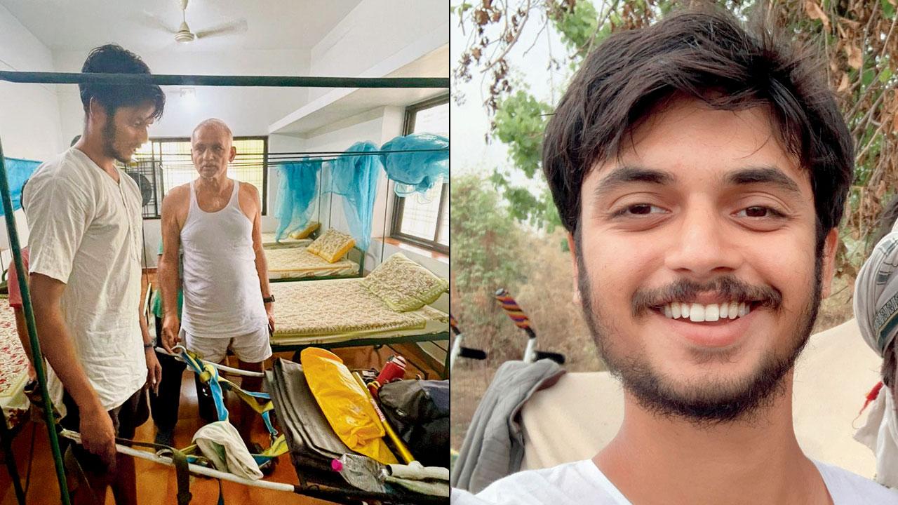 Joshi shows off his home-made luggage carrier to Prakash Amte during his trip