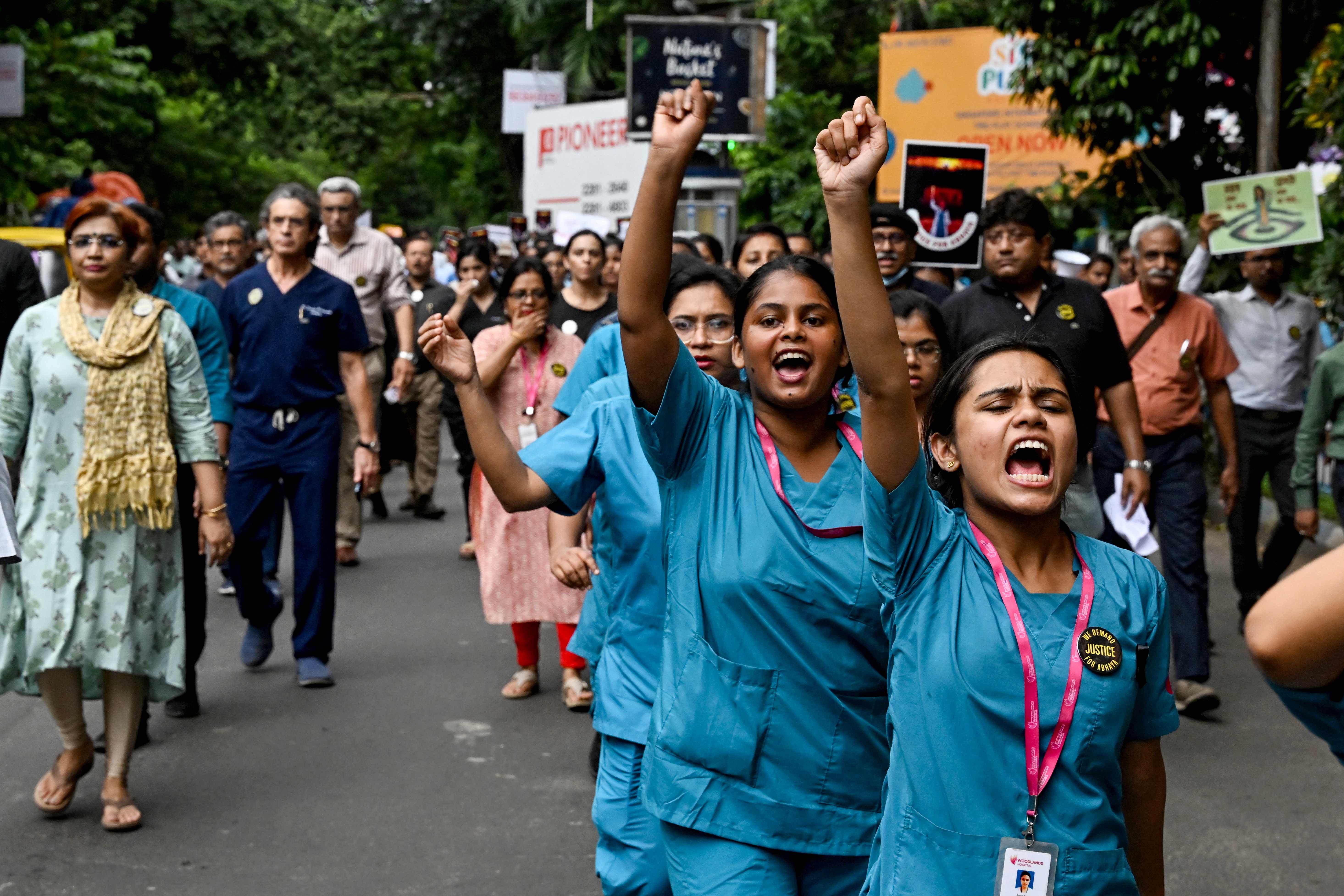 During one of the protests that took place early on Saturday, a civic volunteer of Kolkata Police allegedly rode into a barricaded area with his motorcycle and injured a Rabindra Bharati University student who was holding a demonstration 