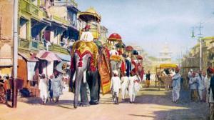 A 1920 painting of a procession of elephants from the stables of the Gaekwad of Baroda in a bazaar in the princely state. The author’s dramatised retelling of the events leading up to  August 15, 1947 are backed by a report by Viceroy Mountbatten. Pics/Getty Images