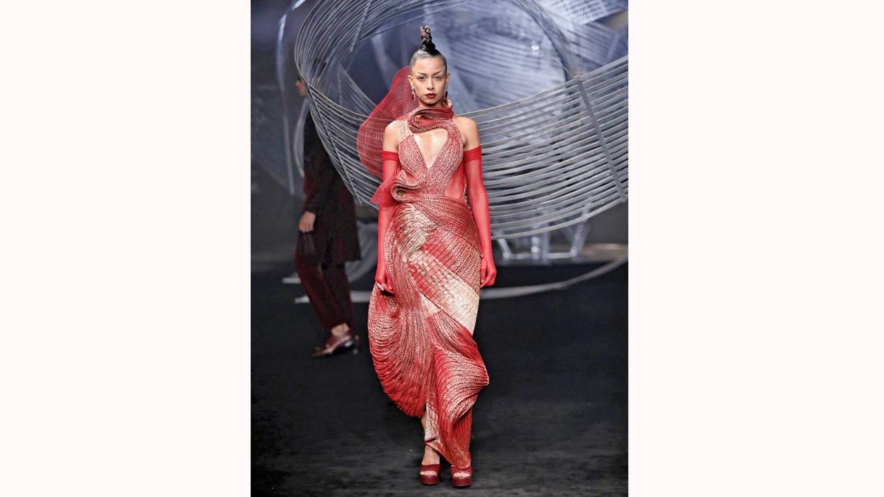 Sapna Kumar in Amit Aggarwal’s deconstructed creation, repurposed from a Banarasi saree