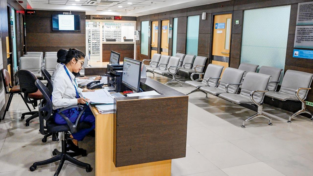 Outpatient Department (OPD) at a hospital in Kolkata holds a desolate look on August 17, 2024. Medical professionals around India took part in protests relating to the rape and murder of a doctor.  The striking doctors have only grown in number affecting services across the country, but essential or life saving medical help is still provided. Pic/Getty Images