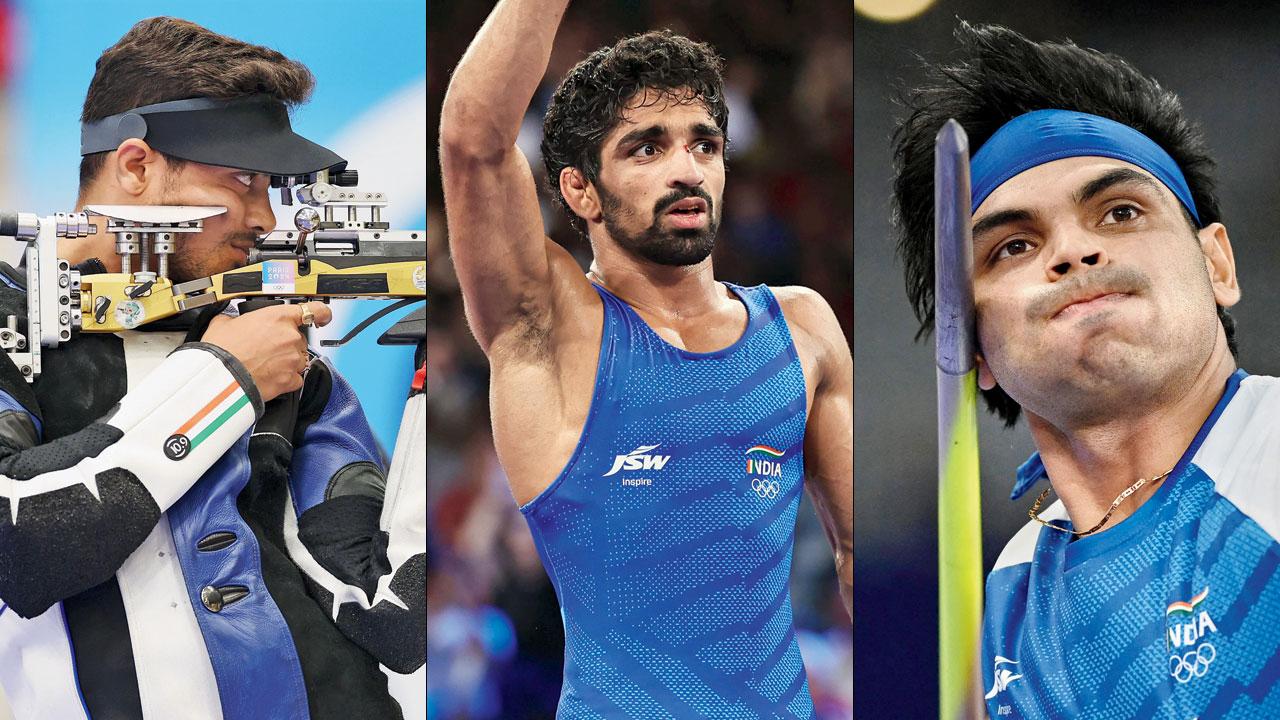 Bronze: Swapnil Kusale (shooting), Aman Sehrawat (wrestling), Manu Bhaker (2) and Sarabjot Singh (shooting) Silver: Neeraj Chopra (javelin throw). Pics/AFP, Getty Images