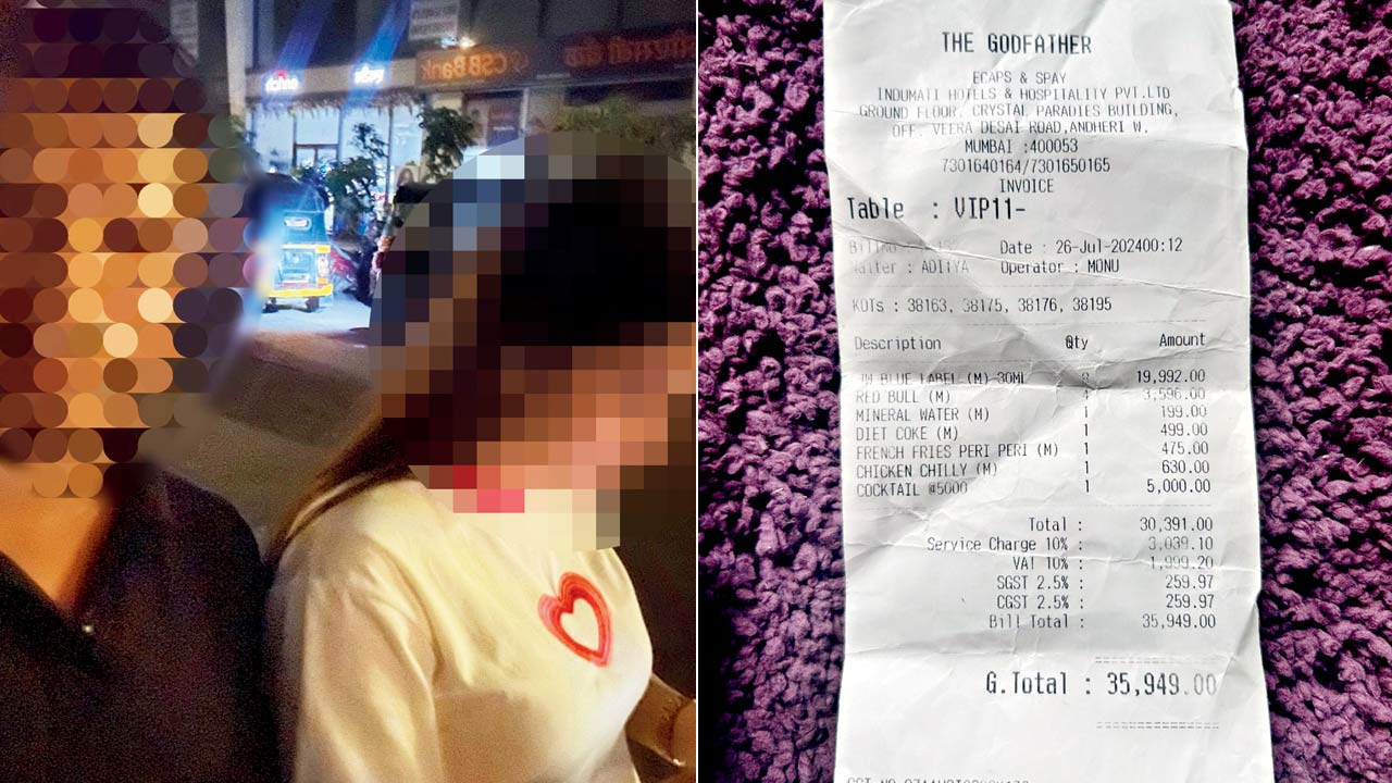 The call centre employee with Komal, whom he met on Tinder; (right) The bill, which was paid entirely by the 30-year-old man