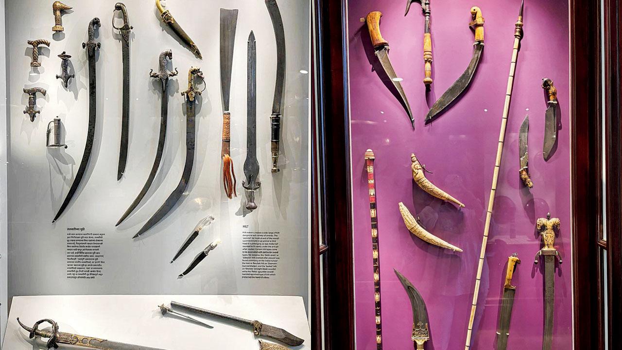 (Above, left) Swords and hilts on display; (right) ivory weapons