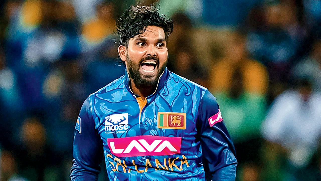 Sri Lanka’s Wanindu Hasaranga celebrates the wicket of India’s Virat Kohli in Colombo yesterday