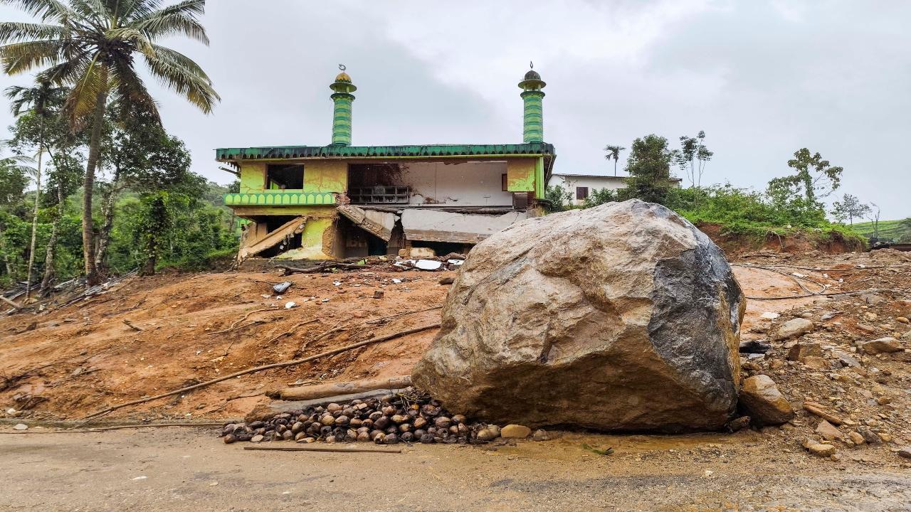 A damaged structure in the Chooralmala village. Known for its scenic interiors and picturesque waterfalls, Chooralmala was a sought-after tourist destination in Wayanad. Pic/PTI 