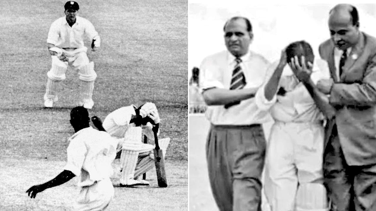 Nari Contractor walks off the field after being hit on the head by a delivery by Charlie Griffith at Barbados in 1962. This moment in cricketing history is etched into Indian fans’ memory as an example of Contractor’s grit.  Pics/mid-day archives
