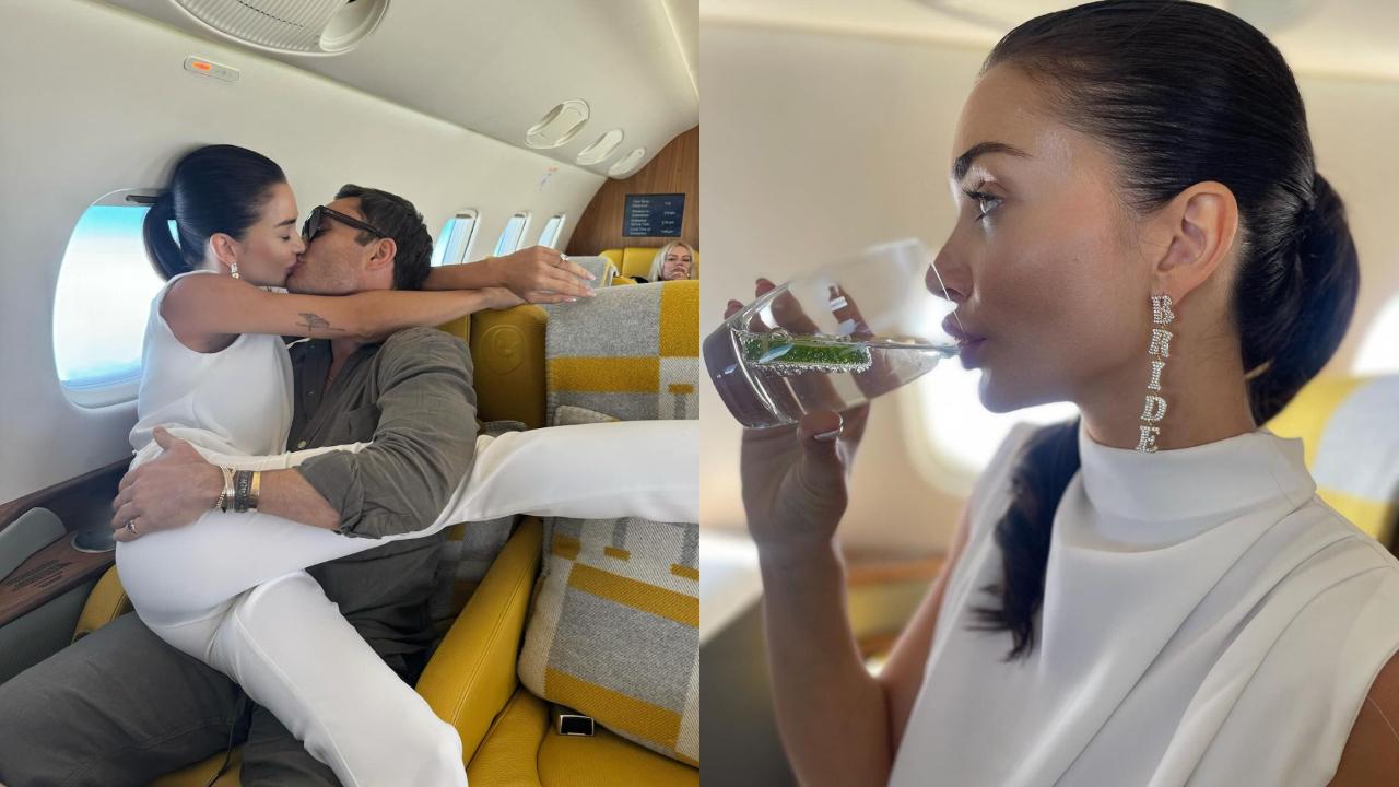 She later jetted off to her wedding destination in Italy with Ed Westwick in a white jumpsuit and customized ‘Bride’ earrings. 