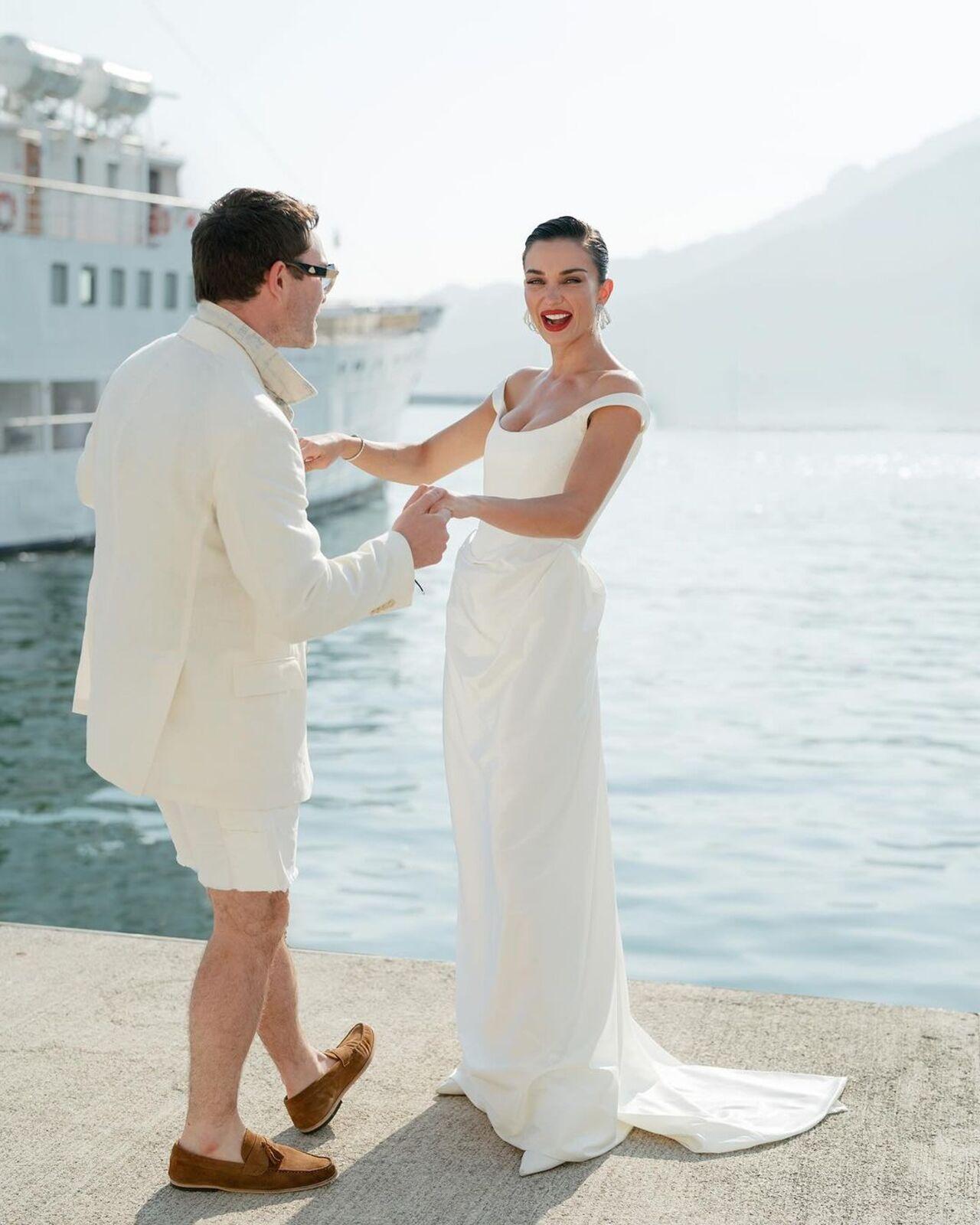 Amy commenced her pre-wedding with a 'Welcome Party' which was held on a cruise ship. She wore a Vivienne Westwood Fall 2024 bridal gown for the same. 