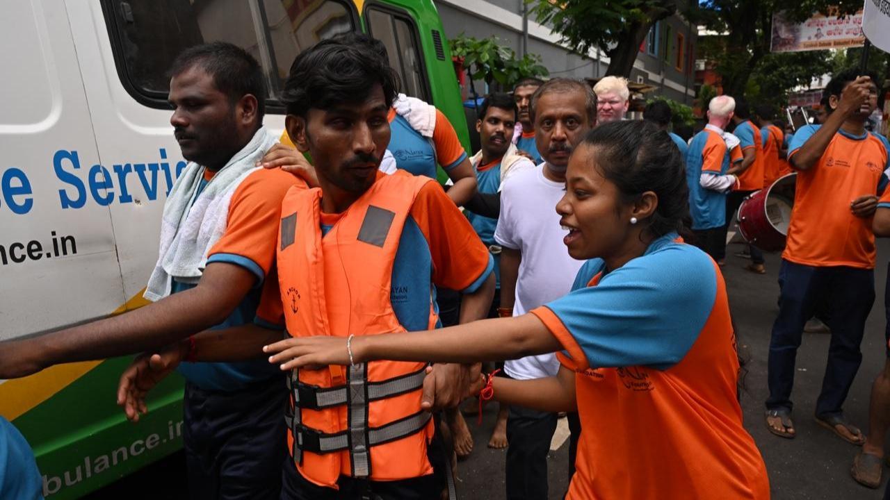 Visually impaired Govindas in Dadar on Tuesday. Pics/Atul Kamble