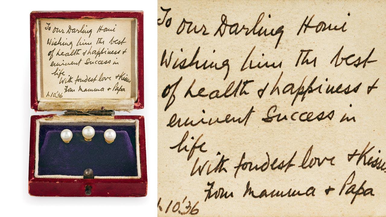 A set of cultured pearl buttons with a (right) handwritten note, gifted to Dr Homi Bhabha by his parents. Pics Courtesy/NCPA