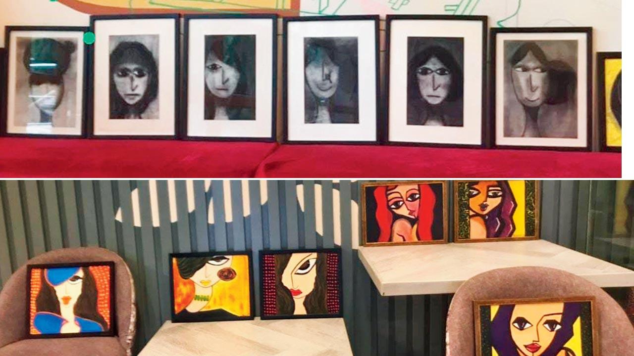 The exhibition includes a display of monochrome and vibrant artworks