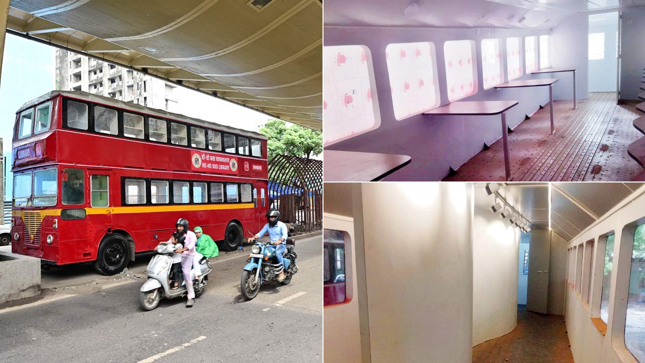 A double decker bus repurposed into a library. Pic/Shadab Khan; The cafeteria area inside another bus; The art gallery section in the third bus