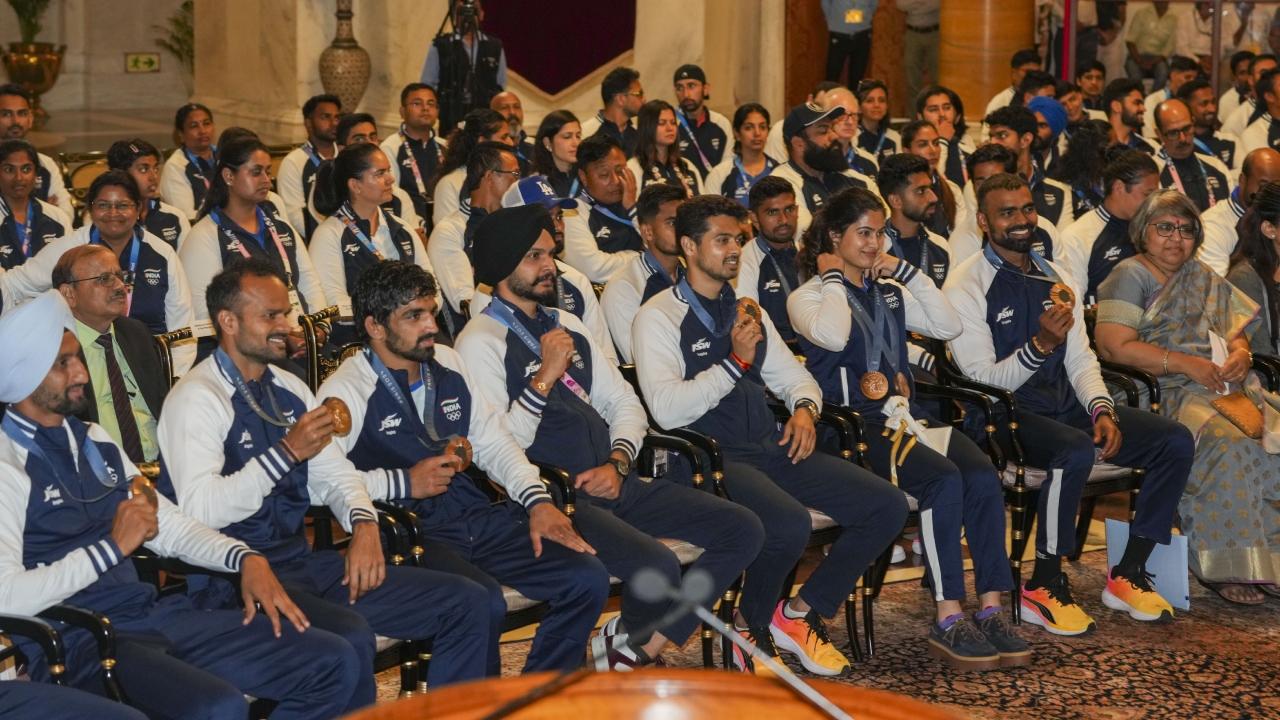 Among those present were shooter Manu Bhaker, who became the first Indian athlete in the post-independence era to win two Olympic medals in a single edition of the Games
