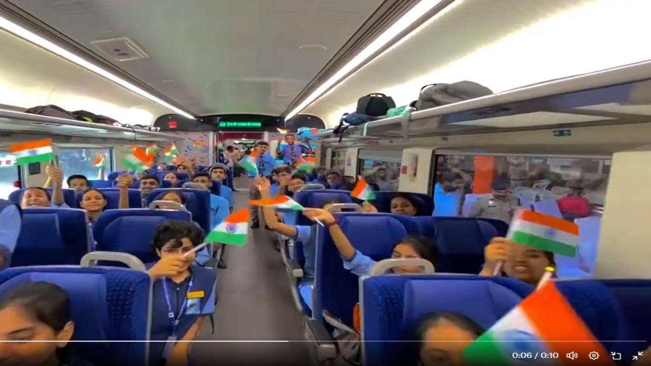 Students on board the Vande Bharat at Meerut in Uttar Pradesh. The train will connect Meerut and state capital Lucknow 