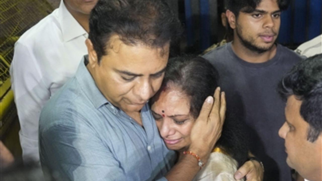 BRS leader K Kavitha gets emotional as she walks out of Tihar Jail after the Supreme Court granted her bail in the excise policy case/ PTI