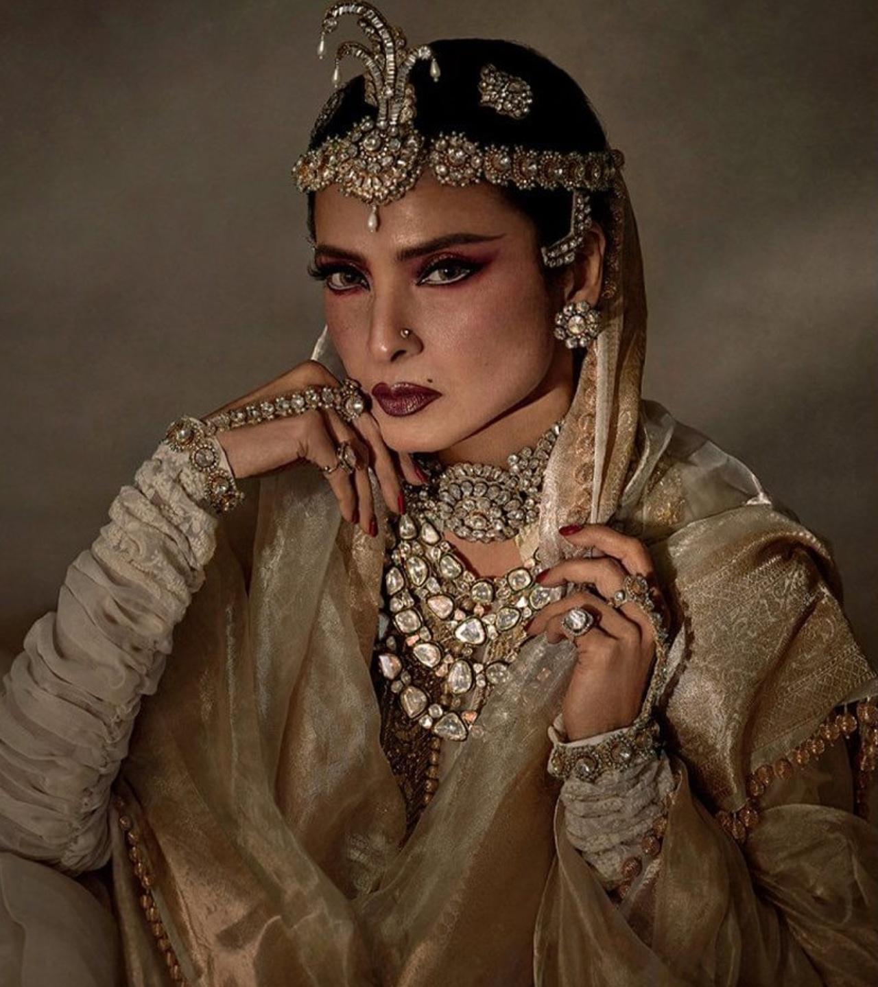 “Rekha Ji and I have always shared a great passion for Indian Fashion; Having worked with her for so many years now, each time has been an experience in itself,” Manish told Vogue Arabia as he made her wear some of his archival pieces for the cover, featuring a mulmul angarkha with an exorbitant ghera paired with a contemporary vintage gold embroidered short jacket.