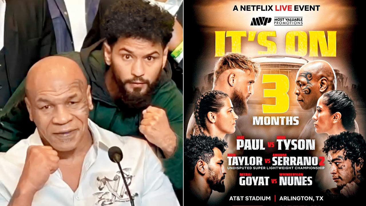India boxer Neeraj Goyat with Mike Tyson at the WBC convention in Uzbekistan last December; (right) The Mike Tyson v Jake Paul fightcard featuring India’s Neeraj Goyat